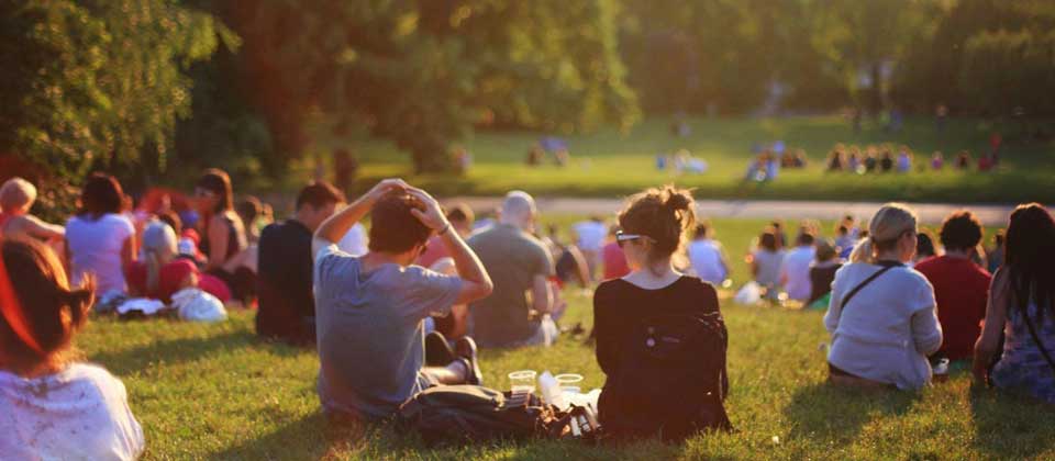 Crowd sitting on grassy field