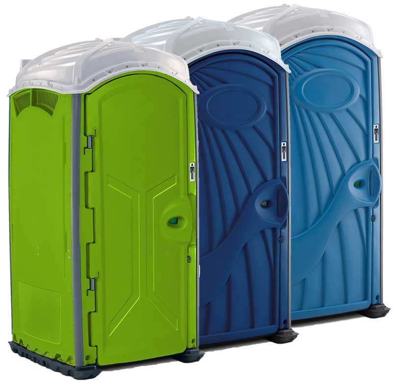 Colorful porta potties side by side