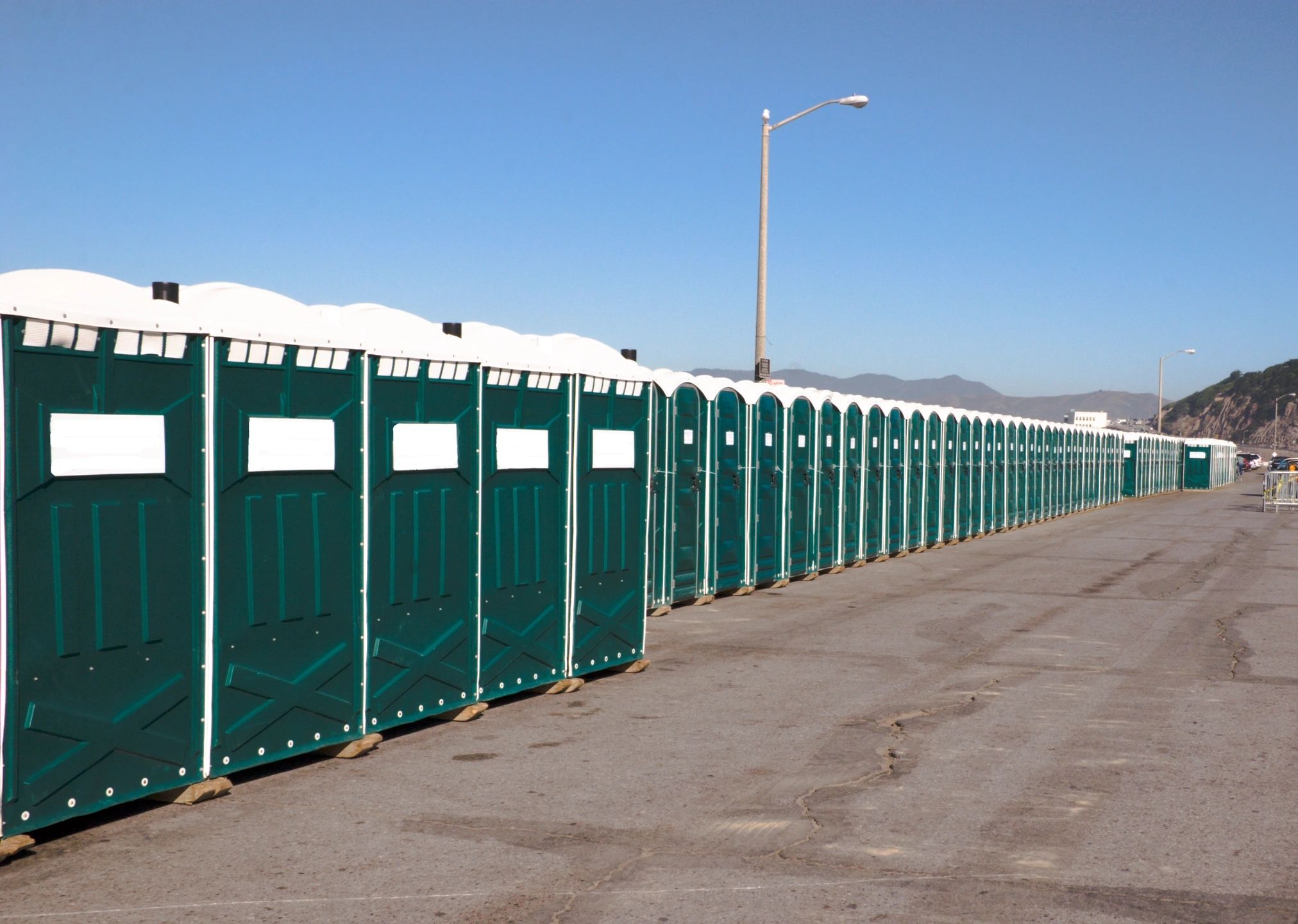 Long line of green portable toilets